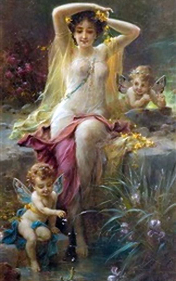 Nymph with Putti. A painting by Hans Zatzka. The naughty girl is in a sheer dress. The two cupids are hanging around for her next session of making love. She has pink and also yellow flowers around her and in her hair. She has pretty eyes and large breasts.